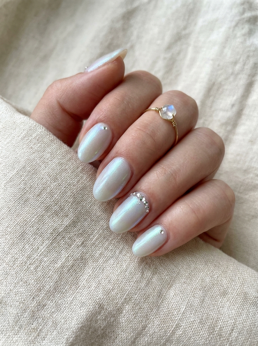 Opal Nails mit kleinen Kristallen auf milchiger schimmernder Basis